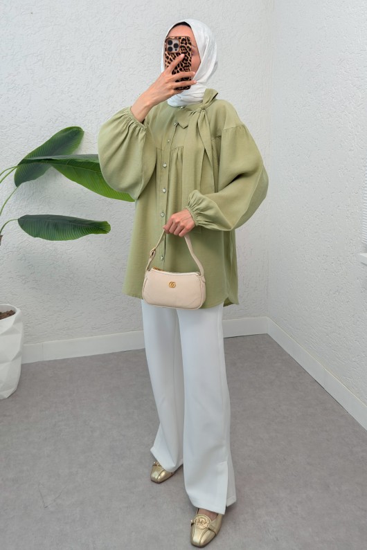 Omuz Fiyonklu Tunik 2327 - AÇIK HAKİ Omuz Fiyonklu Tunik 2327 - AÇIK HAKİ