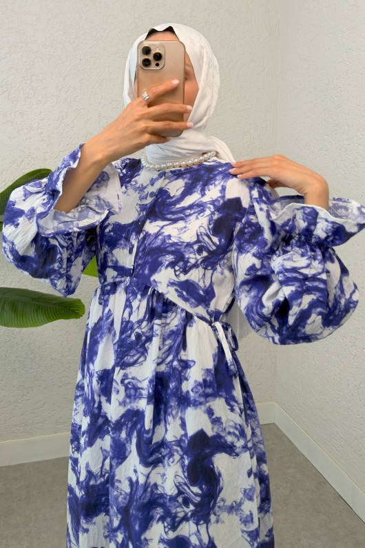 Ebruli Desen Tesettür Elbise 2328 - MAVİ Ebruli Desen Tesettür Elbise 2328 - MAVİ