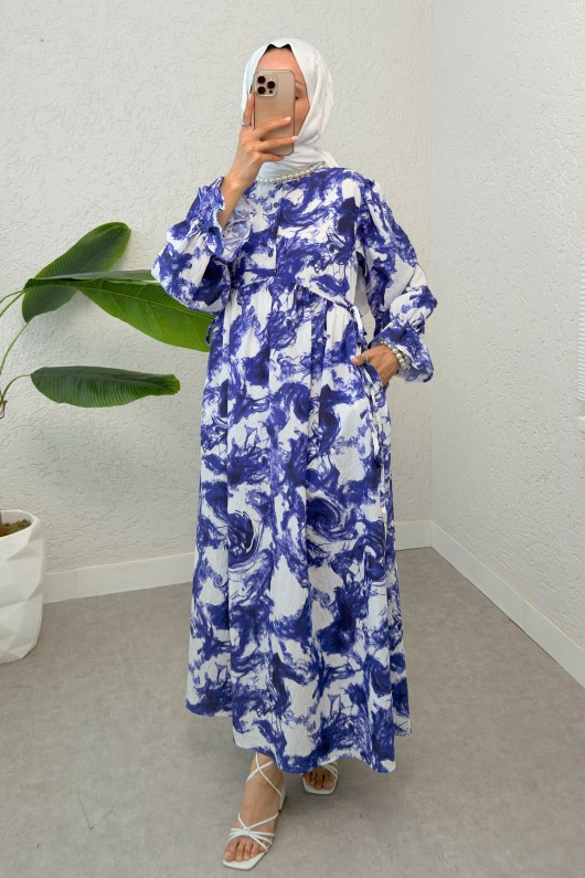 Ebruli Desen Tesettür Elbise 2328 - MAVİ Ebruli Desen Tesettür Elbise 2328 - MAVİ