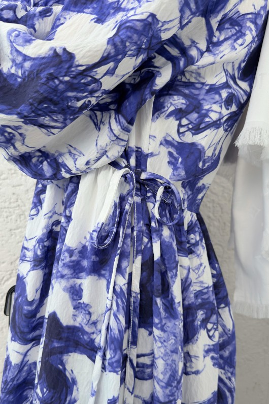 Ebruli Desen Tesettür Elbise 2328 - MAVİ Ebruli Desen Tesettür Elbise 2328 - MAVİ