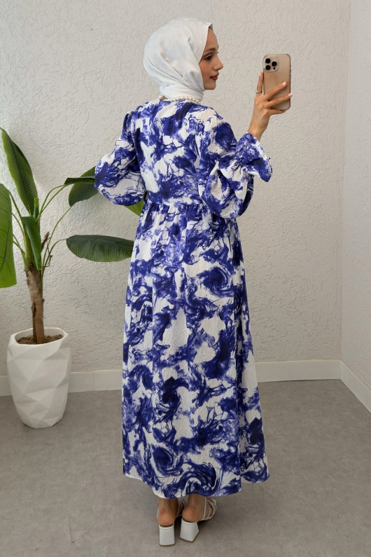 Ebruli Desen Tesettür Elbise 2328 - MAVİ Ebruli Desen Tesettür Elbise 2328 - MAVİ