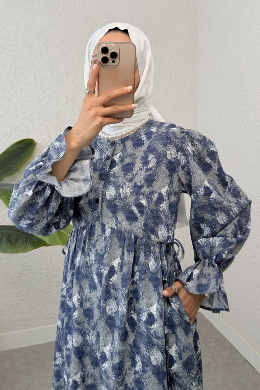 Fırça Desen Tesettür Elbise 2328 - İNDİGO