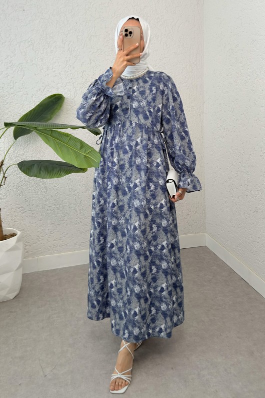 Fırça Desen Tesettür Elbise 2328 - İNDİGO