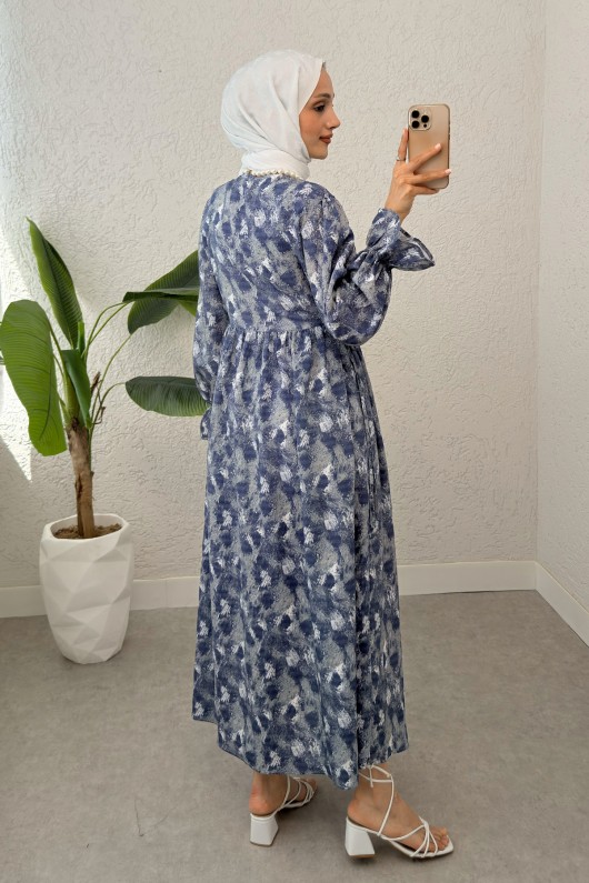 Fırça Desen Tesettür Elbise 2328 - İNDİGO