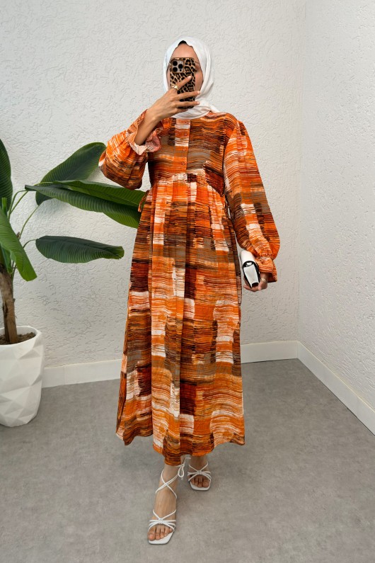 Karma Desen Tesettür Elbise 2328 - TURUNCU