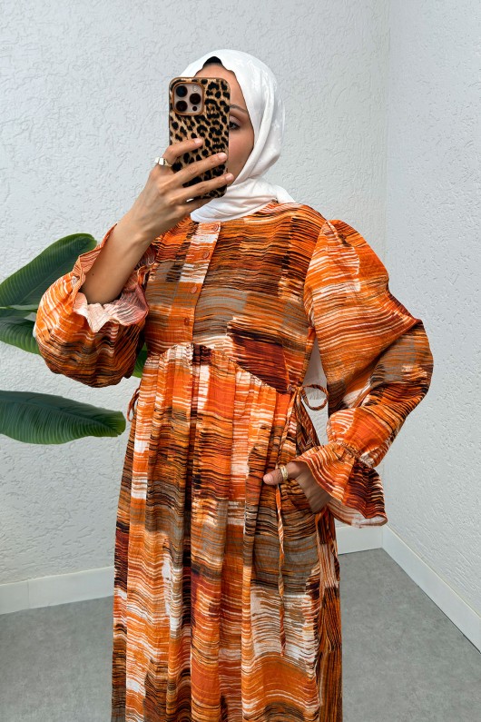Karma Desen Tesettür Elbise 2328 - TURUNCU