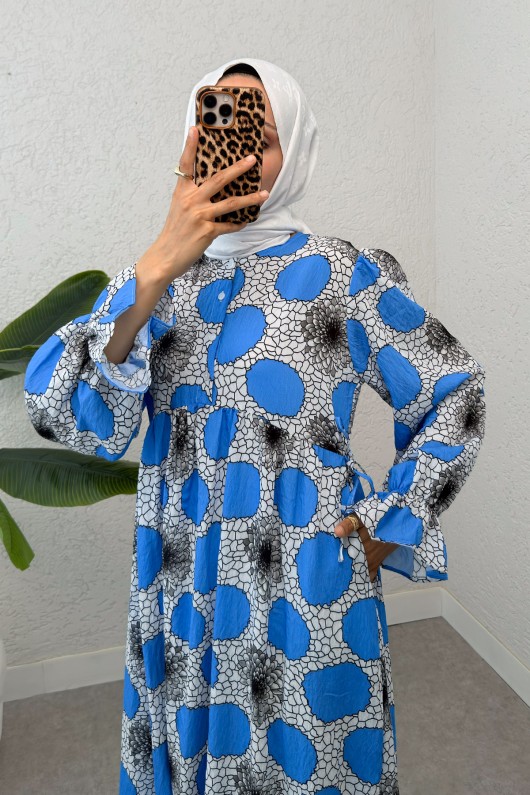Lotus Desen Tesettür Elbise 2328 - MAVİ