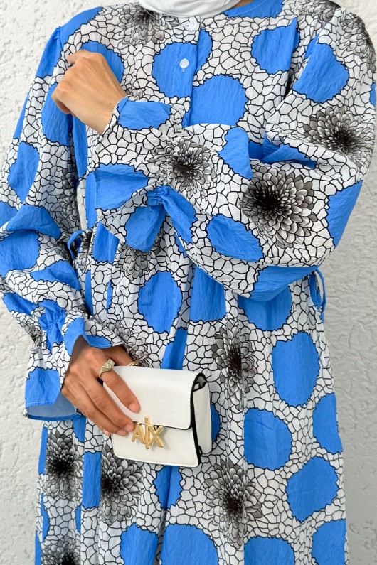 Lotus Desen Tesettür Elbise 2328 - MAVİ