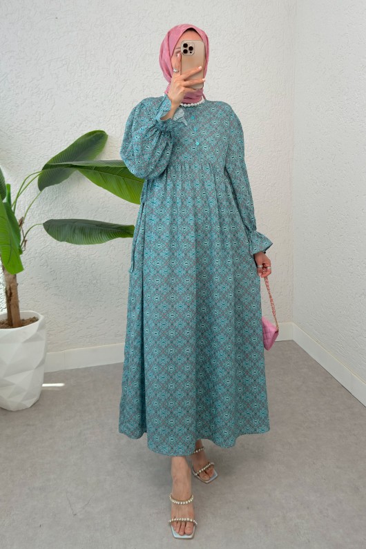 Mandala Desen Tesettür Elbise 2328 - MİNT YEŞİLİ Mandala Desen Tesettür Elbise 2328 - MİNT YEŞİLİ