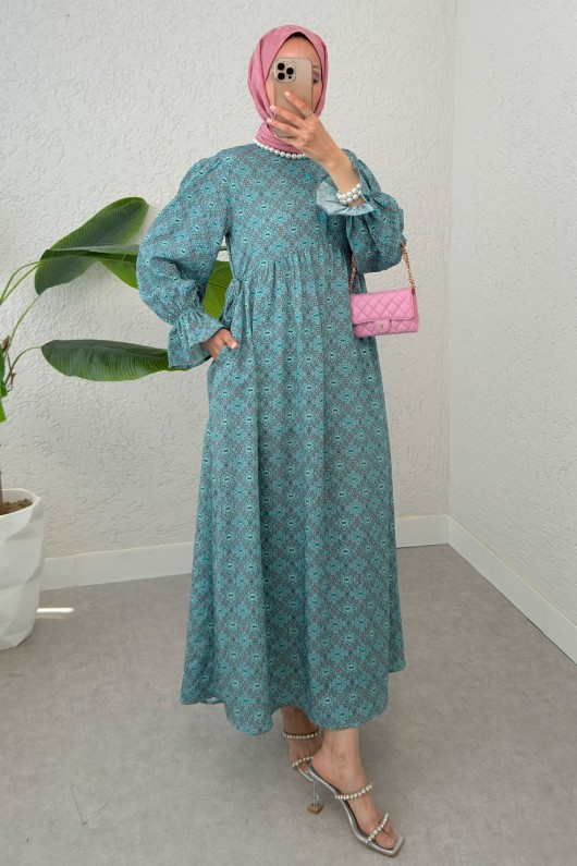 Mandala Desen Tesettür Elbise 2328 - MİNT YEŞİLİ Mandala Desen Tesettür Elbise 2328 - MİNT YEŞİLİ