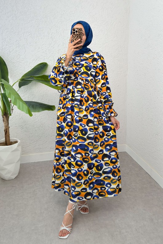 Mimoza Desen Tesettür Elbise 2328 - LACİVERT Mimoza Desen Tesettür Elbise 2328 - LACİVERT