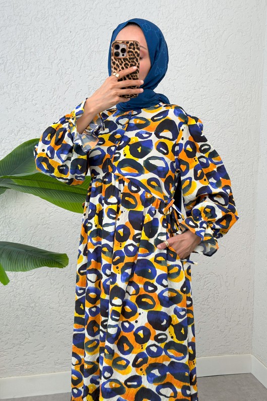 Mimoza Desen Tesettür Elbise 2328 - LACİVERT Mimoza Desen Tesettür Elbise 2328 - LACİVERT