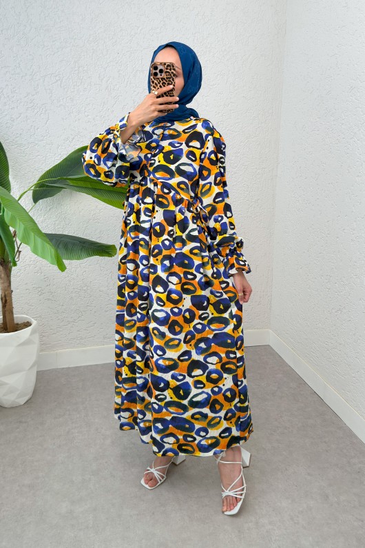 Mimoza Desen Tesettür Elbise 2328 - LACİVERT Mimoza Desen Tesettür Elbise 2328 - LACİVERT