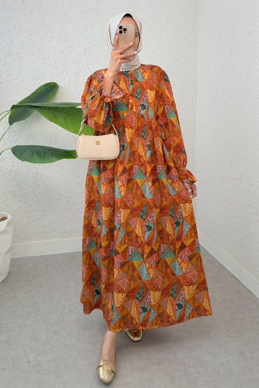 Otantik Desen Tesettür Elbise 2328 - KİREMİT
