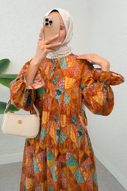 Otantik Desen Tesettür Elbise 2328 - KİREMİT