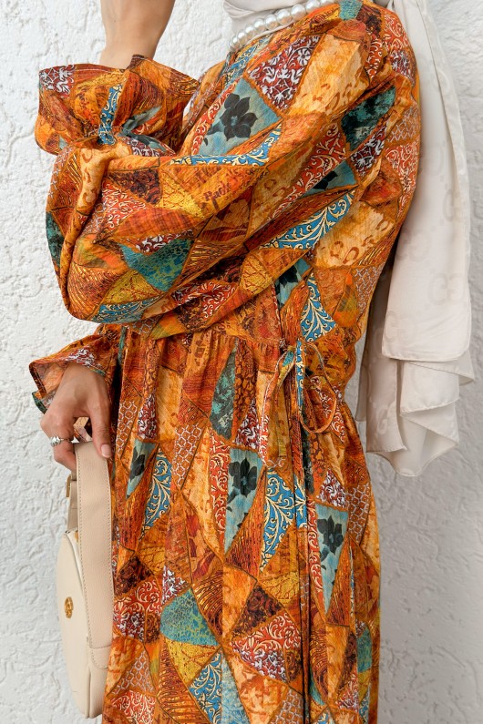 Otantik Desen Tesettür Elbise 2328 - KİREMİT