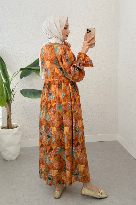 Otantik Desen Tesettür Elbise 2328 - KİREMİT