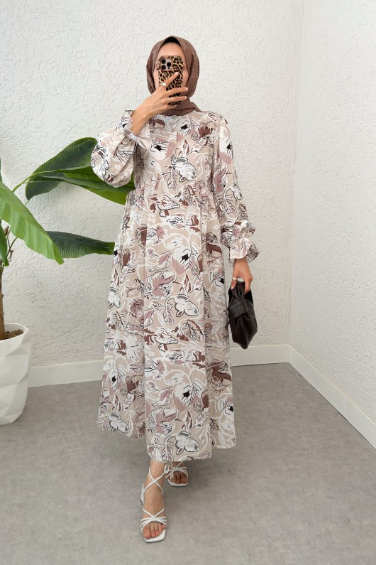 Şal Desen Tesettür Elbise 2328 - TAŞ RENGİ Şal Desen Tesettür Elbise 2328 - TAŞ RENGİ