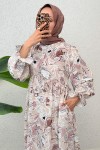 Şal Desen Tesettür Elbise 2328 - TAŞ RENGİ Şal Desen Tesettür Elbise 2328 - TAŞ RENGİ