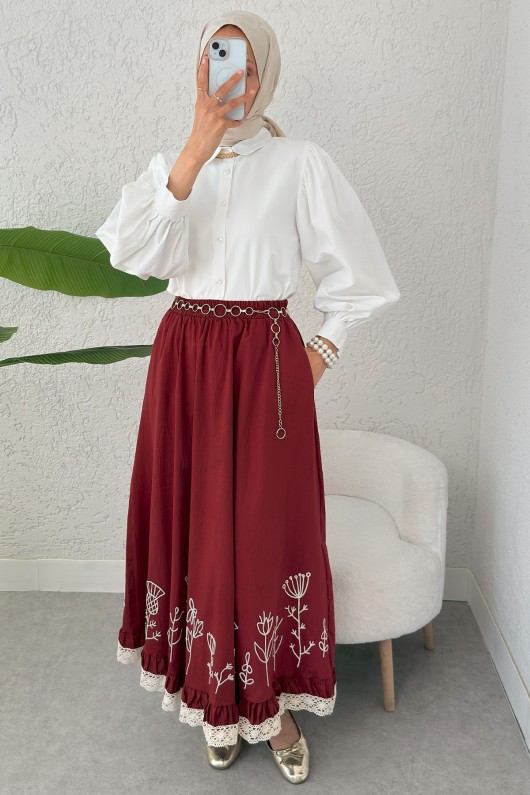 Fisto ve Nakış Detaylı Etek 2329 - BORDO Fisto ve Nakış Detaylı Etek 2329 - BORDO