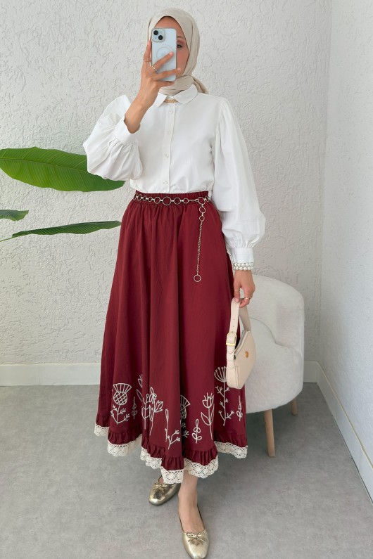 Fisto ve Nakış Detaylı Etek 2329 - BORDO Fisto ve Nakış Detaylı Etek 2329 - BORDO