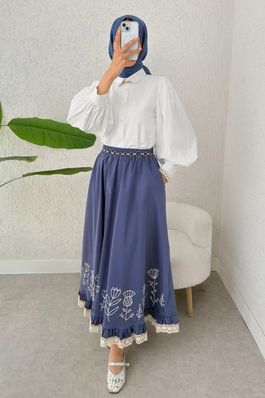 Fisto ve Nakış Detaylı Etek 2329 - İNDİGO