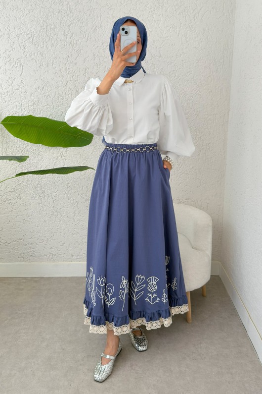 Fisto ve Nakış Detaylı Etek 2329 - İNDİGO