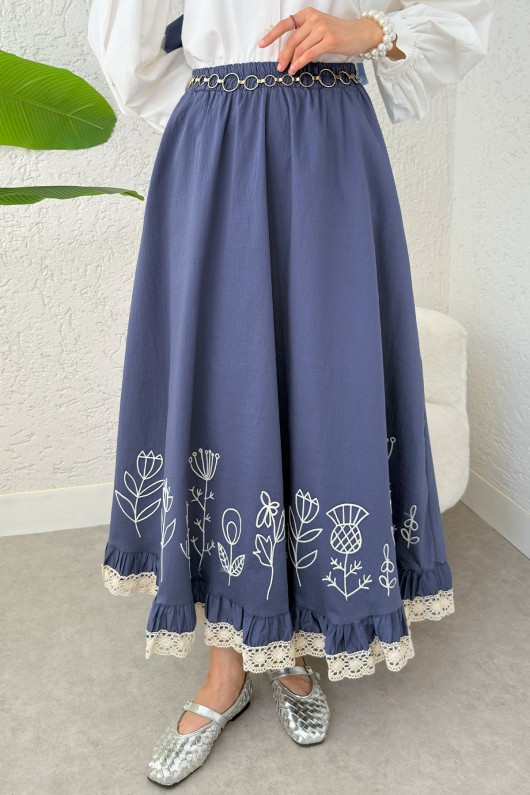 Fisto ve Nakış Detaylı Etek 2329 - İNDİGO