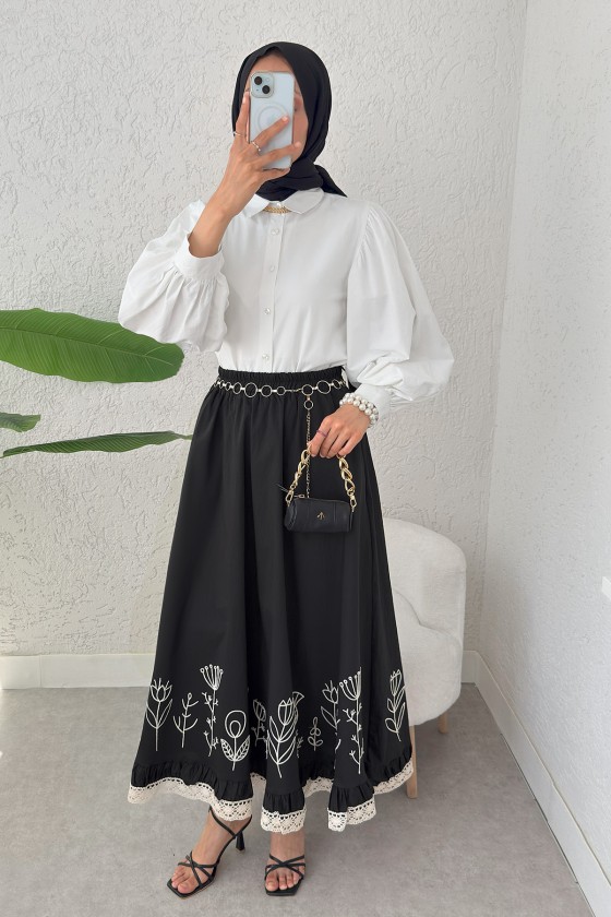 Fisto ve Nakış Detaylı Etek 2329 - SİYAH