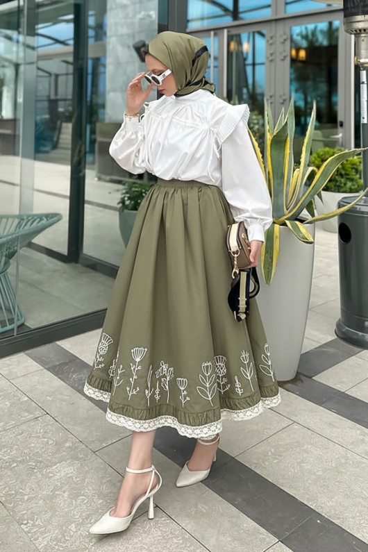 Fisto ve Nakış Detaylı Etek 2329 - HAKİ Fisto ve Nakış Detaylı Etek 2329 - HAKİ