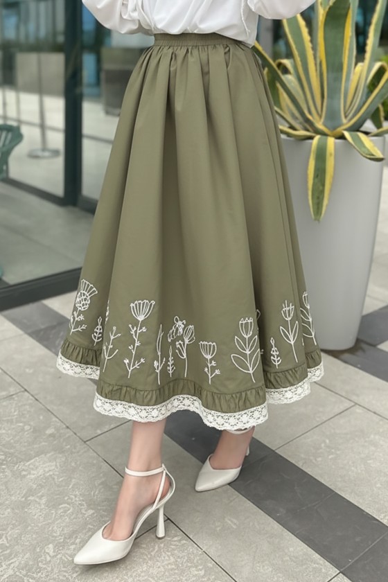 Fisto ve Nakış Detaylı Etek 2329 - HAKİ