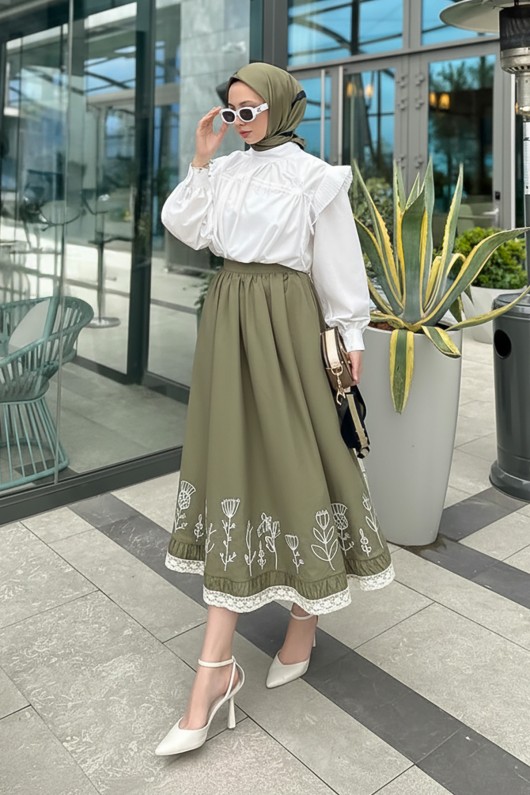 Fisto ve Nakış Detaylı Etek 2329 - HAKİ Fisto ve Nakış Detaylı Etek 2329 - HAKİ