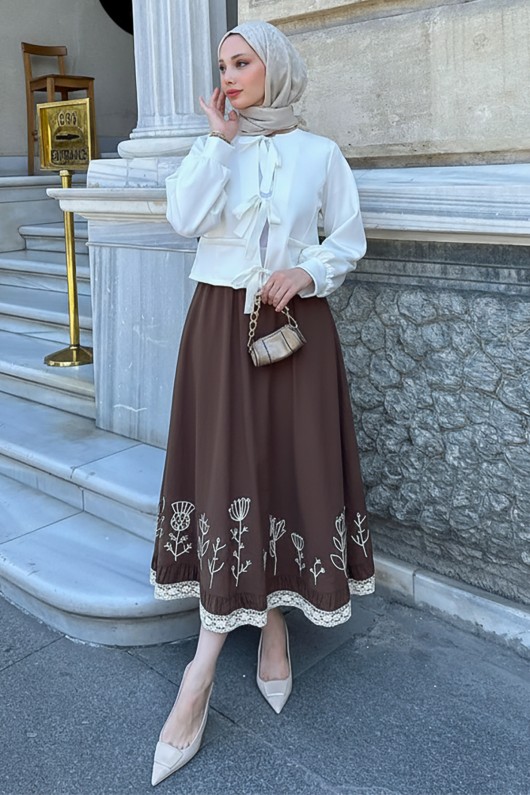 Fisto ve Nakış Detaylı Etek 2329 - KAHVERENGİ