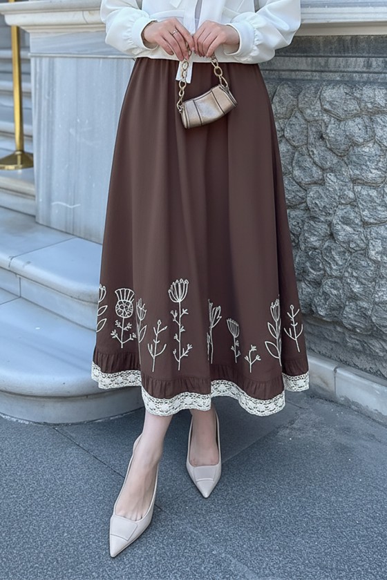 Fisto ve Nakış Detaylı Etek 2329 - KAHVERENGİ
