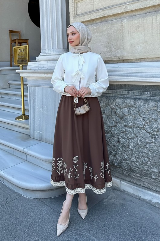 Fisto ve Nakış Detaylı Etek 2329 - KAHVERENGİ