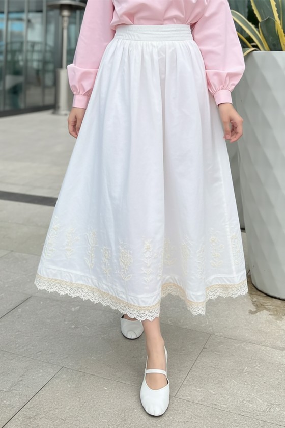 Fisto ve Nakış Detaylı Etek 2329 - KREM