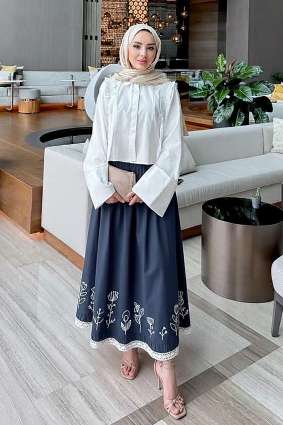 Fisto ve Nakış Detaylı Etek 2329 - LACİVERT