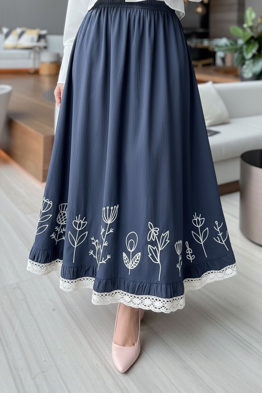 Fisto ve Nakış Detaylı Etek 2329 - LACİVERT Fisto ve Nakış Detaylı Etek 2329 - LACİVERT