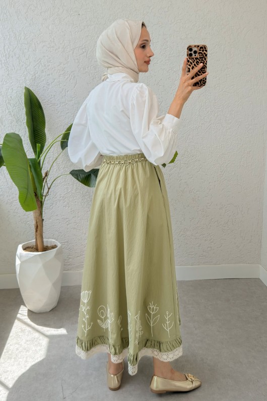 Fisto ve Nakış Detaylı Etek 2329 - AÇIK HAKİ Fisto ve Nakış Detaylı Etek 2329 - AÇIK HAKİ