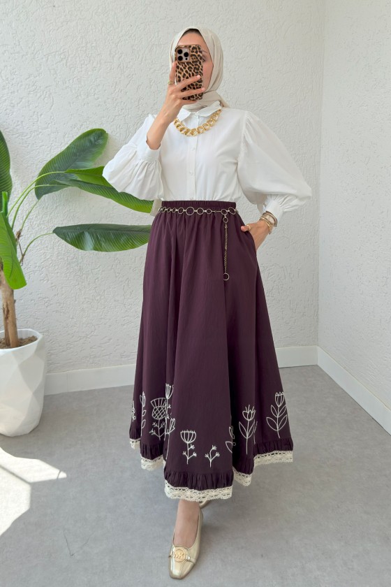 Fisto ve Nakış Detaylı Etek 2329 - VİŞNE ÇÜRÜĞÜ