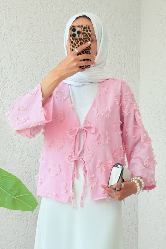 Yama Yırtık Detaylı Kimono 2330 - PEMBE