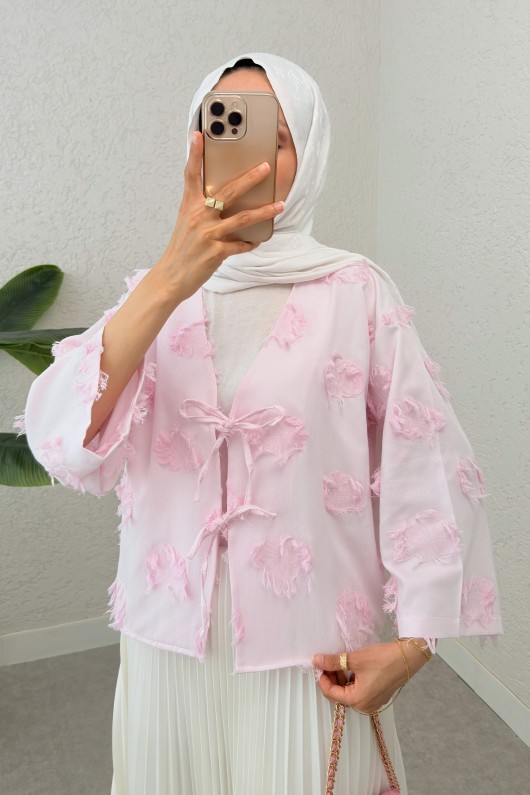 Yama Yırtık Detaylı Kimono 2330 - PEMBE