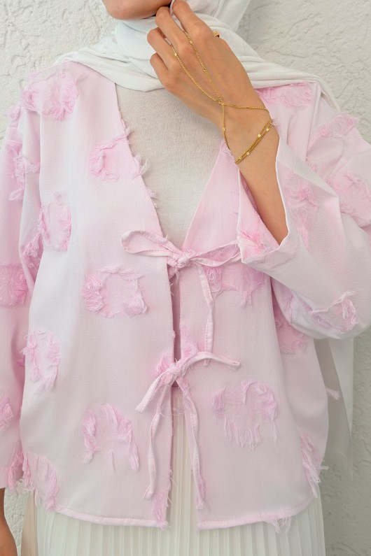 Yama Yırtık Detaylı Kimono 2330 - PEMBE