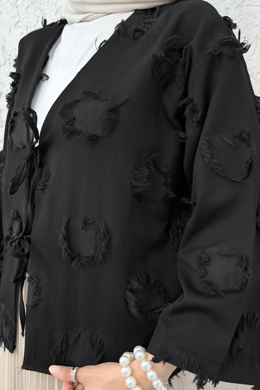 Yama Yırtık Detaylı Kimono 2330 - SİYAH