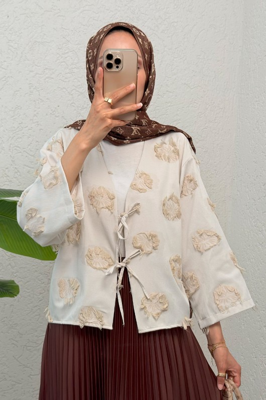 Yama Yırtık Detaylı Kimono 2330 - TAŞ RENGİ Yama Yırtık Detaylı Kimono 2330 - TAŞ RENGİ