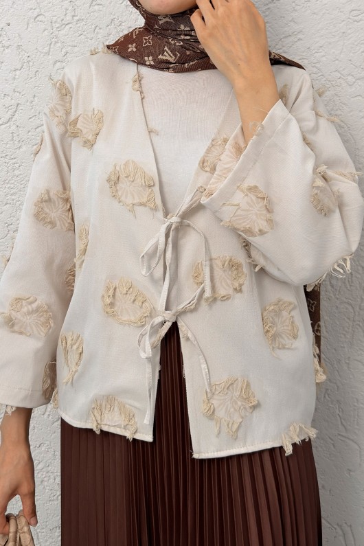 Yama Yırtık Detaylı Kimono 2330 - TAŞ RENGİ Yama Yırtık Detaylı Kimono 2330 - TAŞ RENGİ