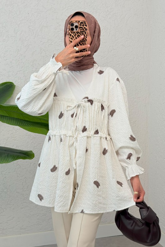 Palmiye Desenli Kimono 2332 - KAHVERENGİ