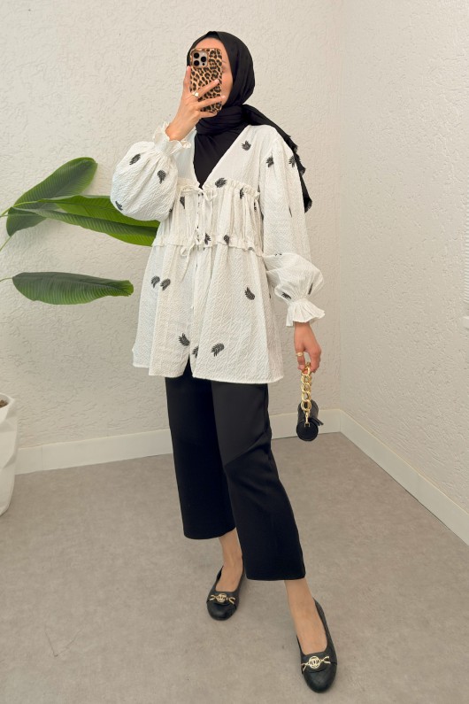 Palmiye Desenli Kimono 2332 - SİYAH