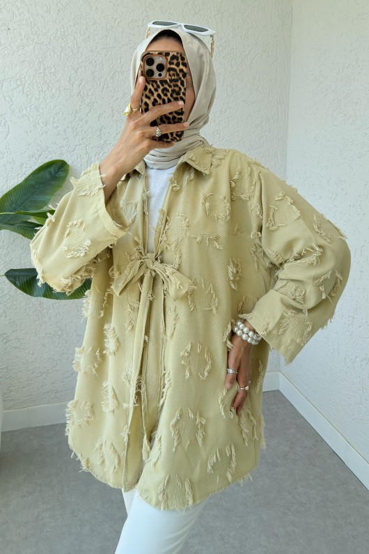 Püskül Detaylı Uzun Kimono 2334 - AÇIK HAKİ