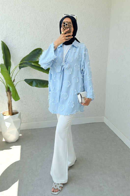 Püskül Detaylı Uzun Kimono 2334 - BEBE MAVİSİ